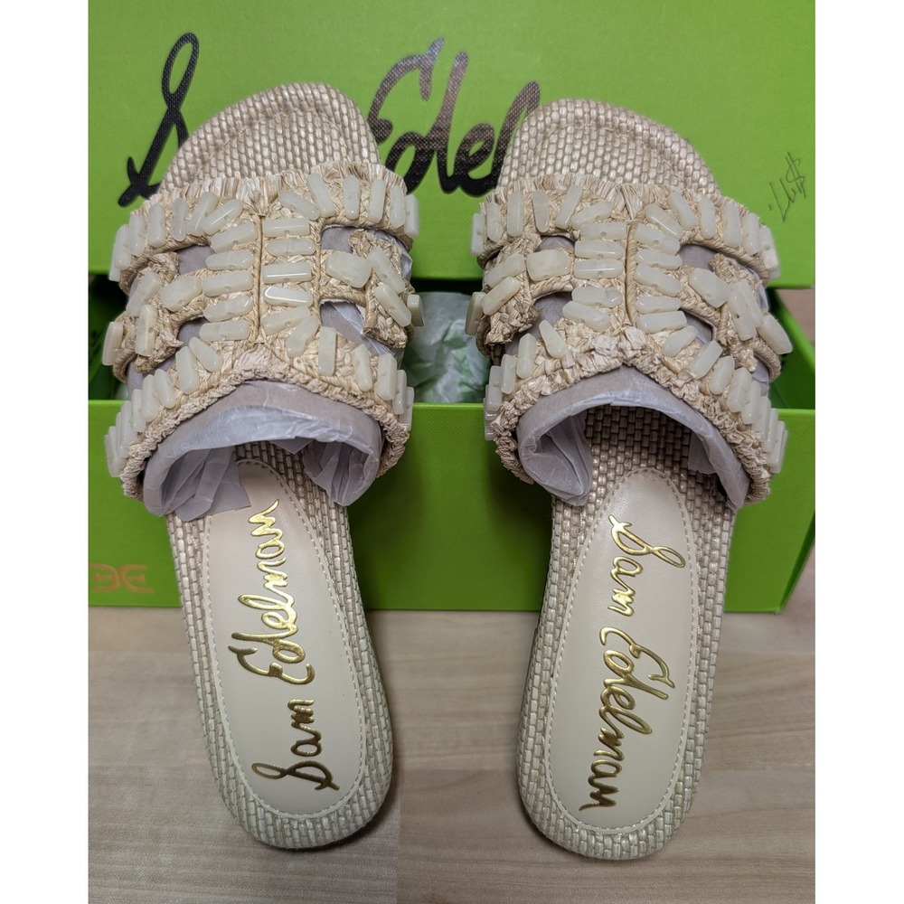 Sam Edelman Bay Stone Ivory Raffia Slide Sandals Stone Embellished Womens 5 NEW